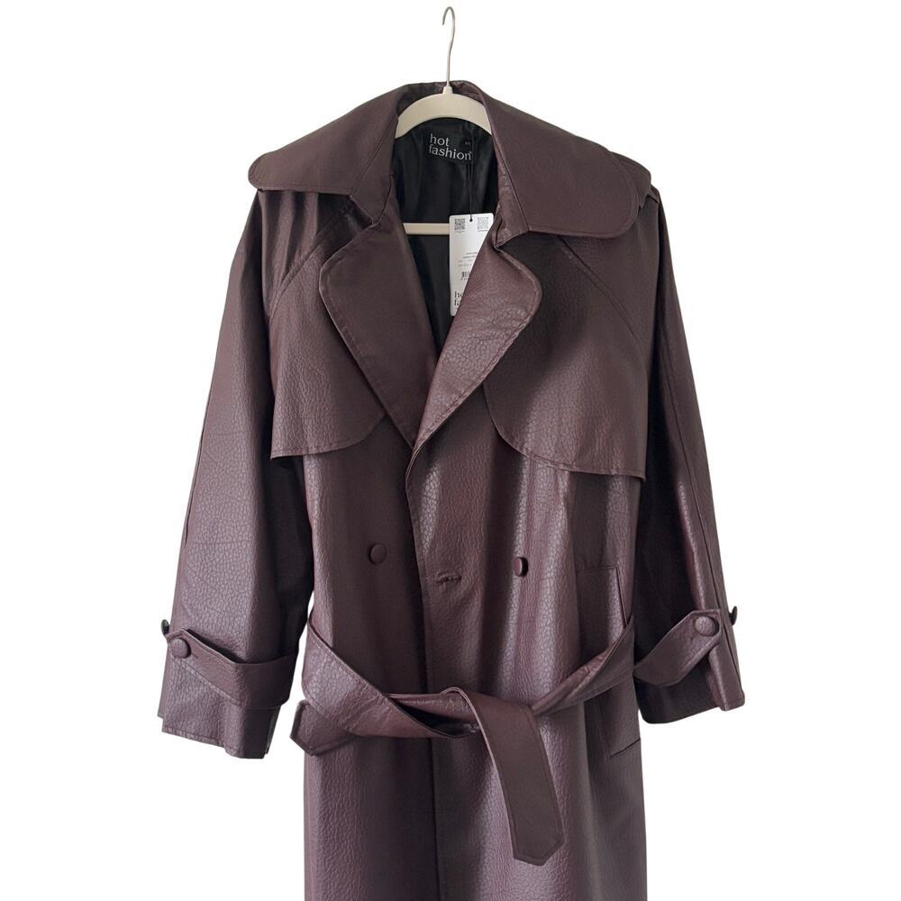 NWT Hot Fashion Burgundy Faux Leather Trench Coat Belted Long Coat One Size - Picture 7 of 11